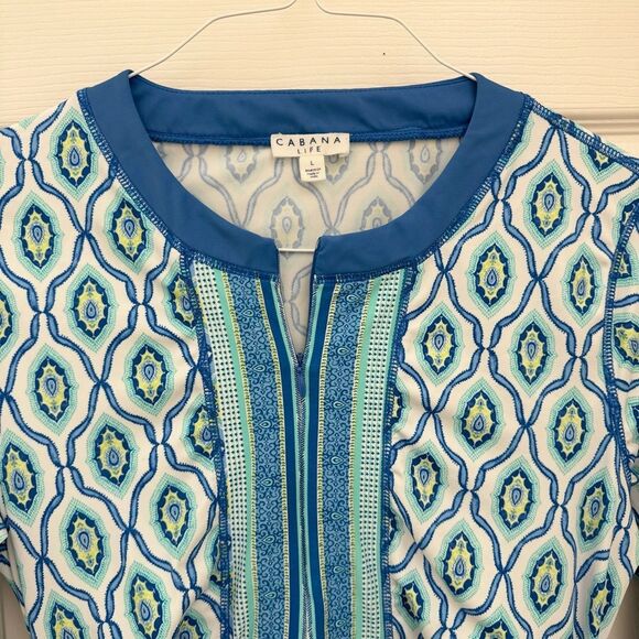 Cabana Life Women’s Swim Top Size Large Blue Green Ruched Patterned Long Sleeve - Picture 3 of 7